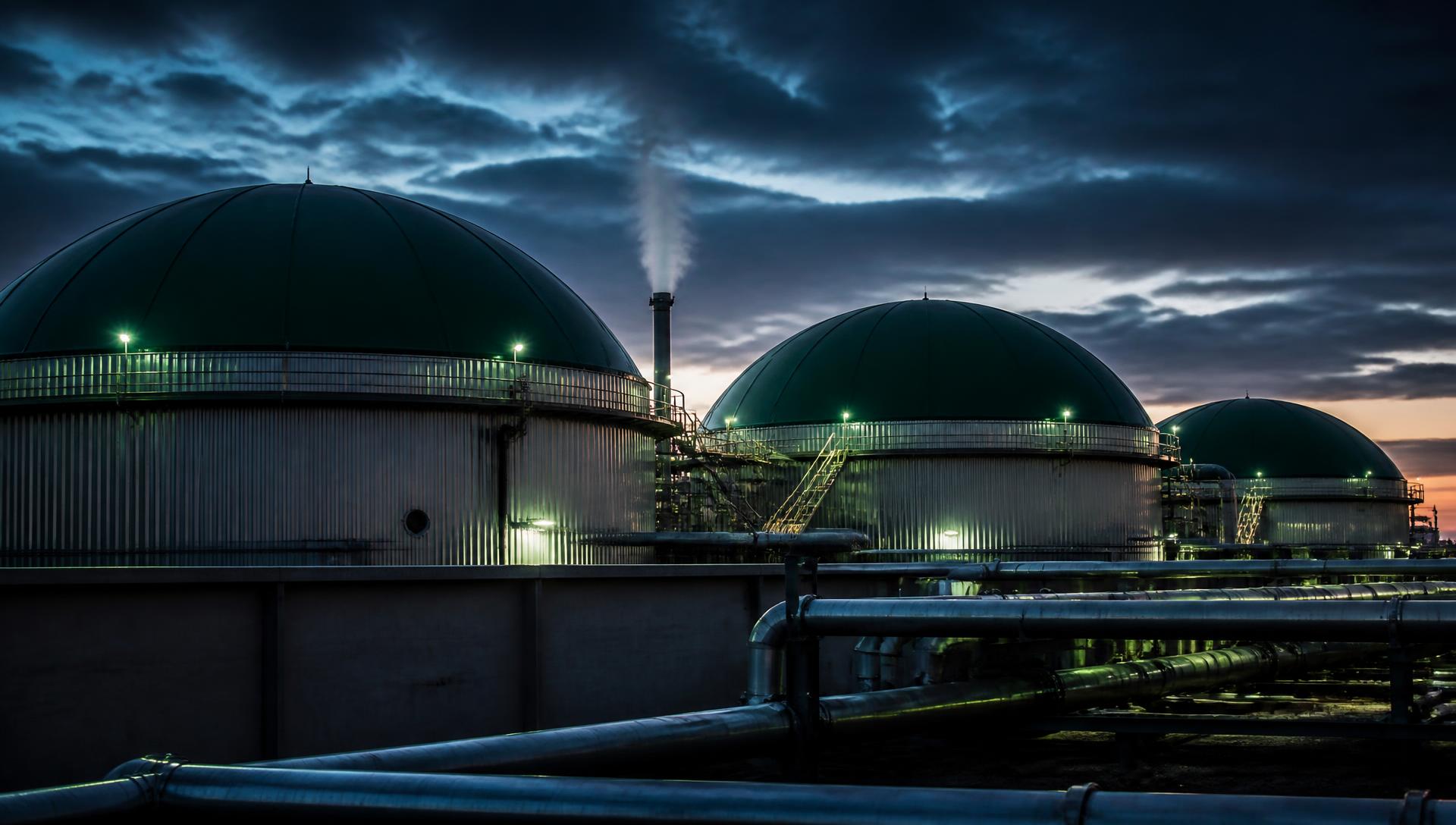 Anaerobic digestion plant with digester tanks and gas domes at dusk